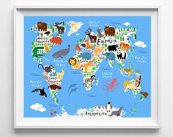 Animal Map Poster, World Map Art, Animal World Print, Animal Nursery Decor, Kids Room Decor, Baby Room Poster, Type 4, Christmas Gift