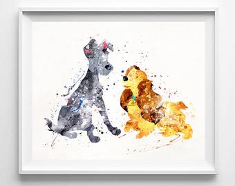 Disney Print, Lady and the Tramp Print, Cadeau Disney, Aquarelle, Affiche murale, Décor de chambre Disney, Décoration de pépinière, Type 3, Saint-Valentin