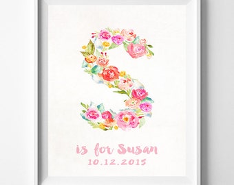 Monogram Alphabet Print, Baby Art, Baby Artwork, Children Room, Nursery Name, Susan, Sierra, Sandra, Sharon, Sadie, Christmas Gift