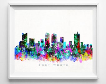 Fort Worth Skyline Print, Texas Print, Fort Worth Poster, Watercolor Painting, Wall Art, City Skyline, Wall Decor, Christmas Gift