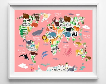 World Map Poster, Unique Gift, Large Wall Art, Animal Art, Animal Print, Animal Nursery Decor, Kids Room Decor, Type 5, Christmas Gift