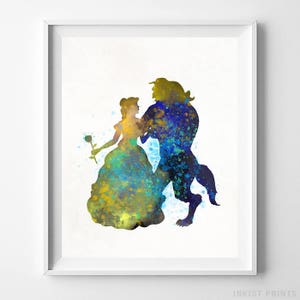 Beauty and The Beast, Disney Print, Disney Princess, Watercolour Art, Wedding Gift, Nursery, Wall Art For Office, Type 1, Valentines Day