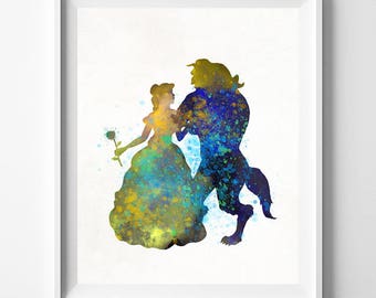 Beauty and The Beast, Disney Print, Disney Princess, Watercolour Art, Wedding Gift, Nursery, Wall Art For Office, Type 1, Valentines Day