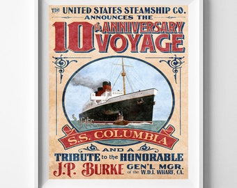 Disneyland Poster, The United States Steamship Print, Disney Gift, 10th Anniversary Voyage, Columbia, Reproduction, Christmas Gift