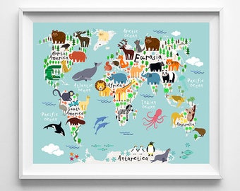 Animal World Map Poster, World Map Art, Animal Print, Animal Nursery Decor, Kids Room Decor, Baby Room Poster, Type 1, Christmas Gift