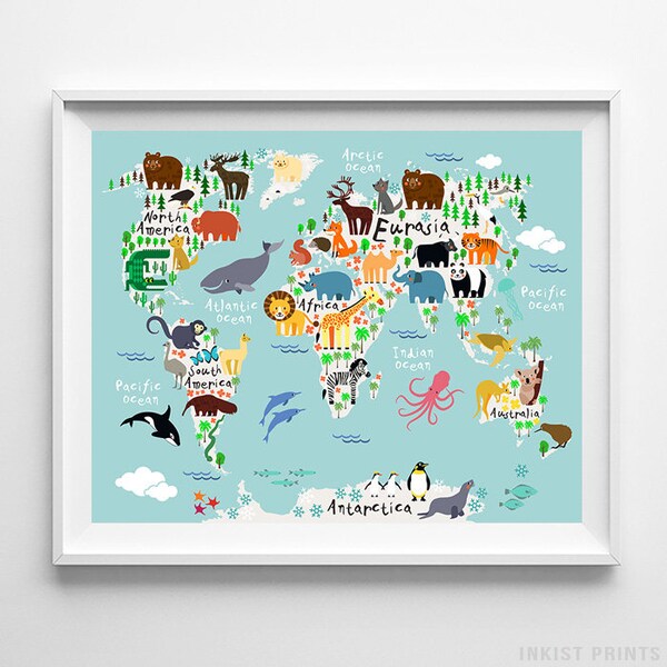 Animal World Map Poster, World Map Art, Animal Print, Animal Nursery Decor, Kids Room Decor, Baby Room Poster, Type 1, Christmas Gift