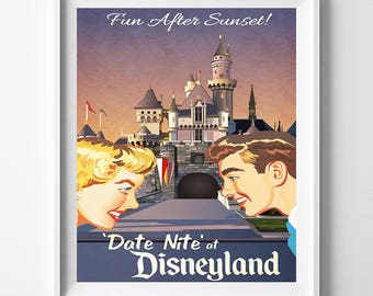 Disneyland Art, Date Nite, Disneyland Vintage, Disney Poster, Disneyland Print, Disney Vintage, Disneyland Poster, Artwork, Valentines Day