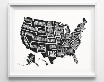 Typography, US Map, Art Print, Map Poster, United States, Typography Art, Office Art, Travel Poster, Dorm Decor, Christmas Gift