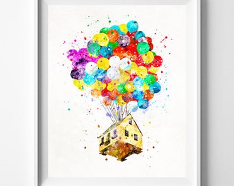 Up Disney Print, Balloon House, Watercolor Art, Flying House, Disney Poster, Kids Room Decor, Wall Decor, Bedroom Art, Christmas Gift