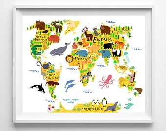 Animal World Map, Birthday Present, Animal Poster, World Map Art, Animal Nursery Decor, Kids Room Decor, Baby Room, Type 8, Valentines Day