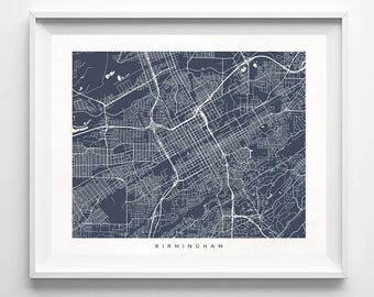 Birmingham Map, Alabama Print, AL Poster, City Art, Street Map, Valentines Decor, Valentines Decorations, Home Town, Wall Art, Valentines