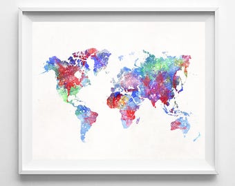 World Map, Art Print, World Map Poster, Watercolor Painting, Watercolor Art, Wall Decor, Travel Poster, Home Decor, Type 1, Valentines Day