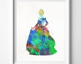 Disney Princess, Cinderella Print, Cinderella Art Print, Watercolor Art, Princess Disney, Baby Room Art, Wall Decor, Type 1, Valentines Day