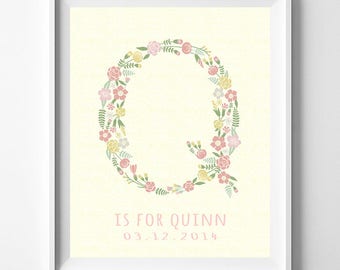 Monogram Print, Birthday Poster, Personalize Monogram, Floral Monogram, Quela, Quies, Quinta, Floral Name Initial, Christmas Gift