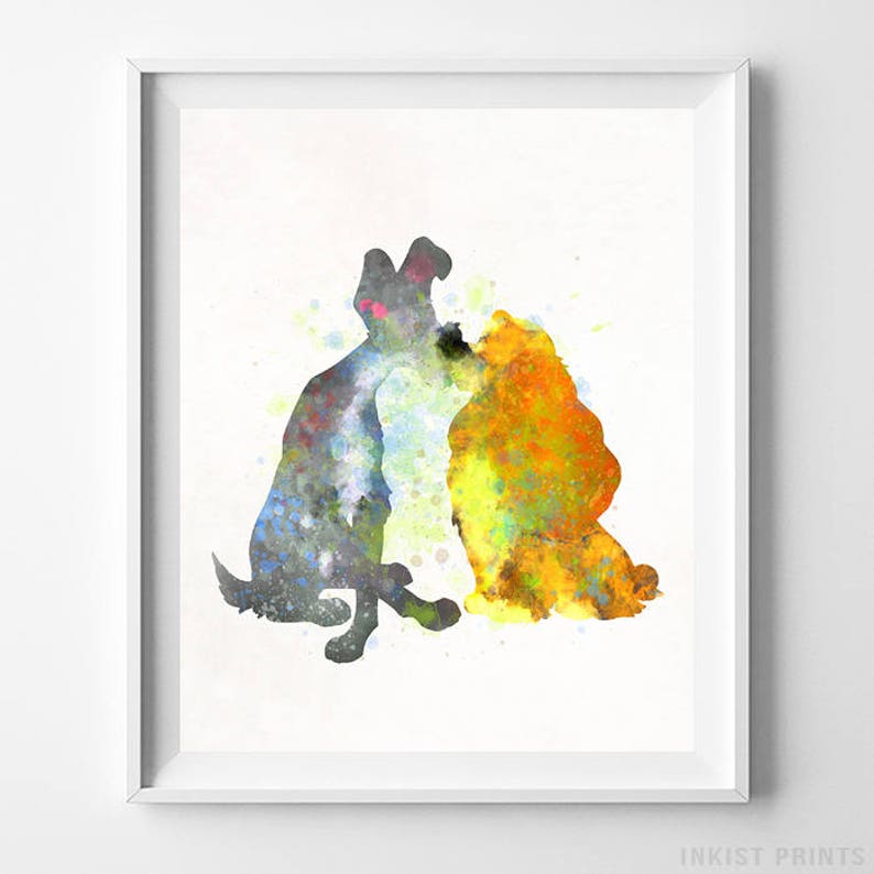 Lady and the Tramp Print, Disney Print, Watercolor Art, Poster, Watercolour Art, Giclee Wall Decor, Nursery Art, Type 1, Christmas Gift image 1