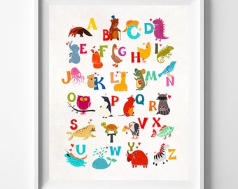 Animal Alphabet Poster, Alphabet Print, ABC Wall Art, ABC Print, Animal Print, Kids Room Decor, Baby Room Poster, Type 3, Valentines Day