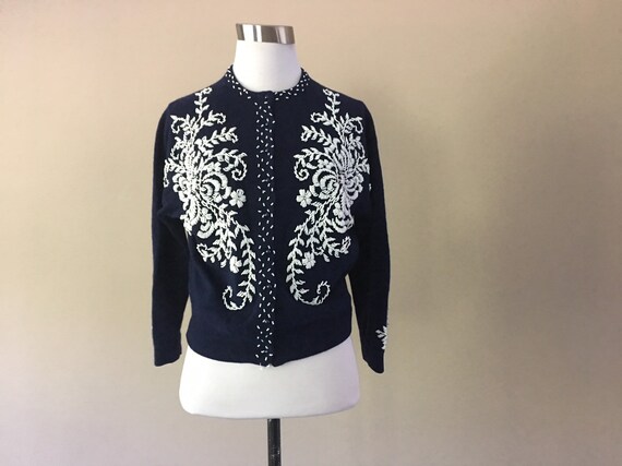 50's Beaded Cardigan Sweater, 1950's Navy Blue Bea