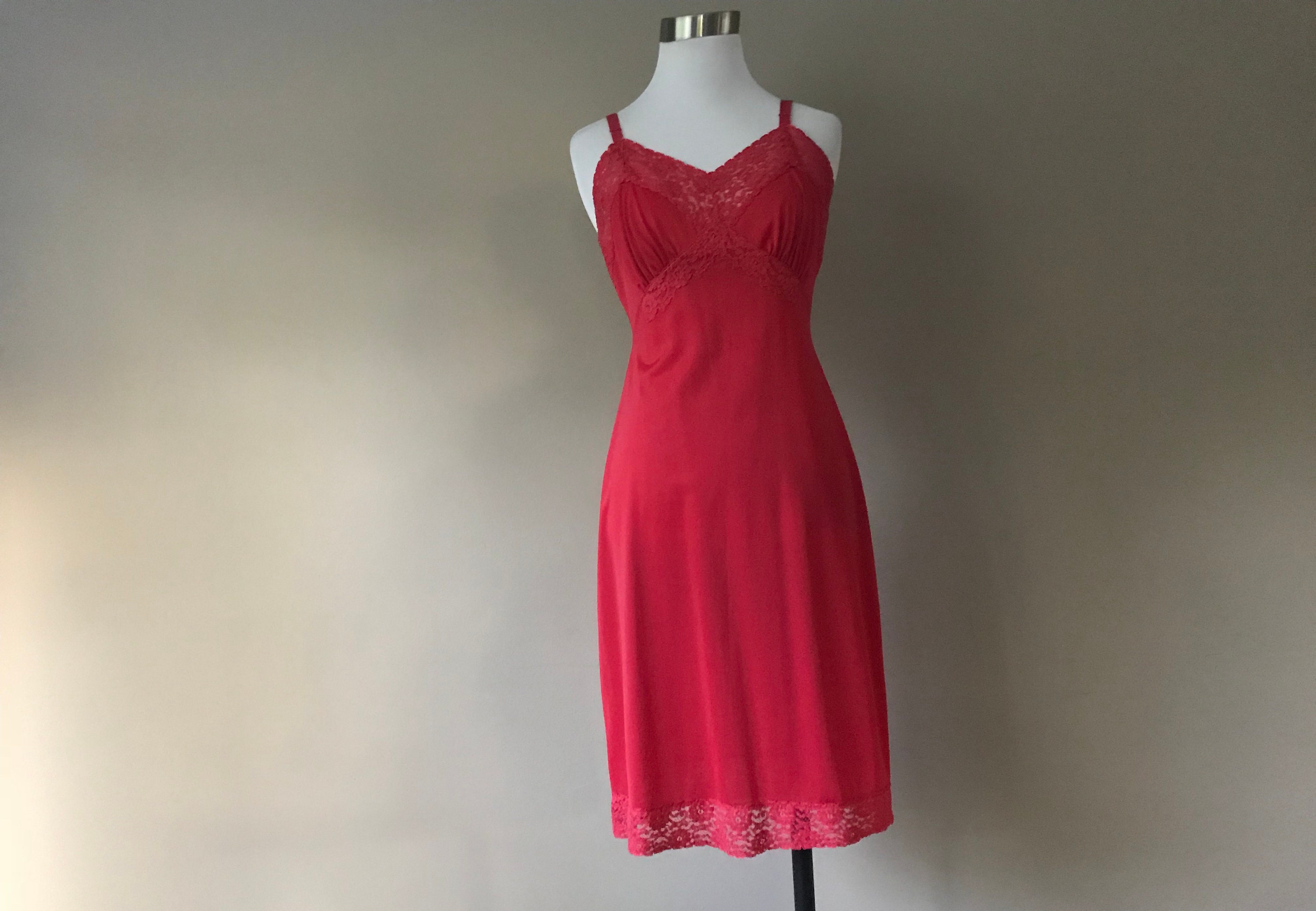 Vintage Full Slip Short Dress Slip Red Nylon with Lace 34 | Etsy