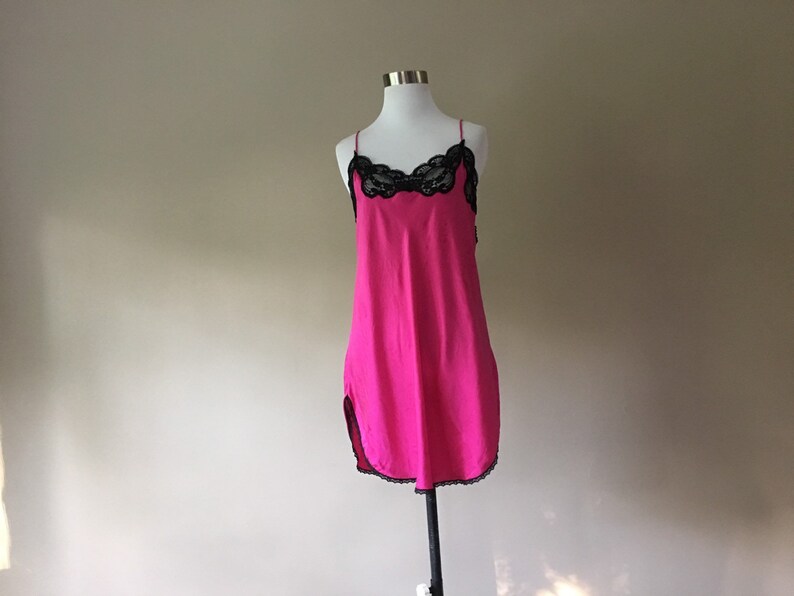 Vintage Silk Chemise Slip Dress Nightie Lingerie, Pink Silk with Black Lace...