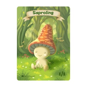 May include: A fantasy art card featuring a mushroom-like creature called a Saproling. The creature has a tan body and a red and orange spotted cap. It sits in a grassy field with a forest background. The card has the text "Saproling" and "1/1".