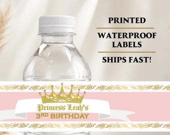 Princess Baby Shower Water Bottle Labels, Pink Gold Crown Waterproof Bottle Stickers, Princess Party Favors, Personalized Printed Labels