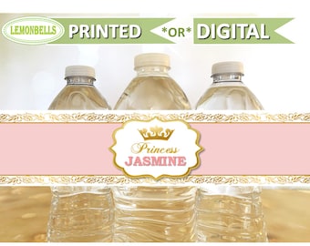 May include: Three clear plastic water bottles with gold and pink labels. The labels have a gold crown and the text "Princess Jasmine".