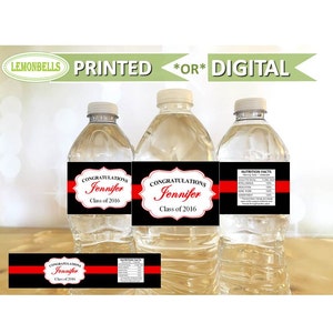 Red Graduation Water Bottle Labels, Red and Black Graduation Decor,Class of 2018, College Graduation Water Bottle, LemonBells, GW20
