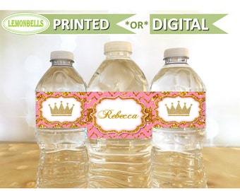 Etiquetas para botellas de agua de princesas, etiquetas para botellas de agua para baby shower de princesas, botella de agua para fiesta de princesas, botella de agua rosa y dorada, LemonBells WP06