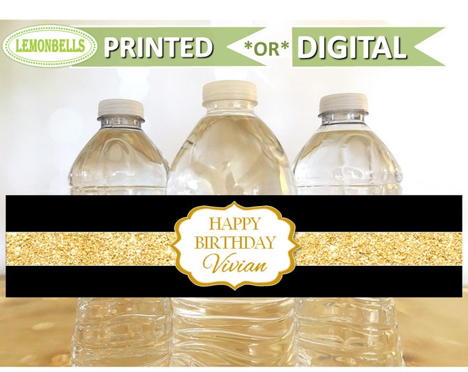 Black and Gold Water Bottle Labels, Gold Water Bottle Labels, Black and