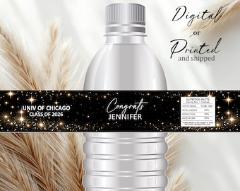 Black and Gold Graduation Water Bottle Labels, Gold Graduation Decoration, Class of 2026, College Graduation Water Bottle, Custom Graduation