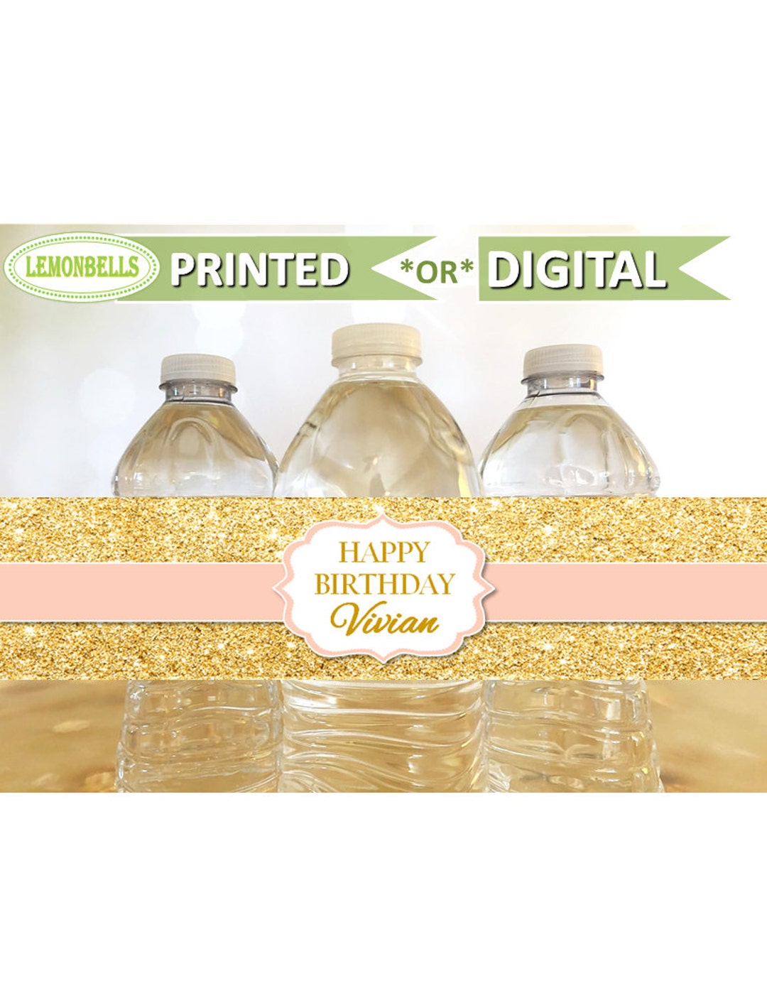 Pink and Gold Water Bottle Labels, Gold Water Bottle Labels, Pink and