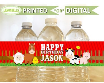Printed Farm Water Bottle Labels, Barn Water Bottle Labels, Animals Farm Party, Cowboy Birthday, Barnyard Water Bottle, Lemonbells, WF08
