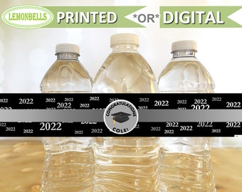 Silver Graduation Water Bottle Labels, Silver and Black Graduation Decor,Class of 2022, College Graduation Water Bottle, LemonBells, GW37