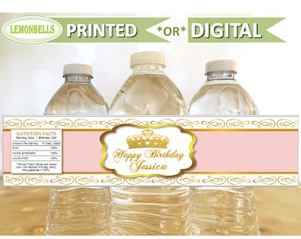 Etiquetas para botellas de agua de princesas, etiquetas para botellas de agua para baby shower de princesas, botella de agua para fiesta de princesas, botella de agua rosa y dorada, LemonBells WP03