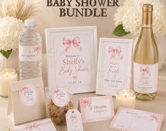 Pink Bow Girl Baby Shower Decorations Bundle, Printed Girl Baby Shower Favors, Water Bottle Labels, Favor Tags, Dessert Sign, Tent Cards