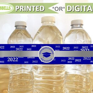 Blue Graduation Water Bottle Labels, Blue and Silver Graduation Decor, Class of 2022, College Graduation Water Bottle, LemonBells, GW38