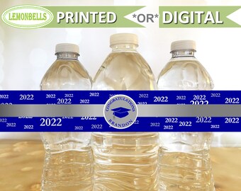 Blue Silver Graduation Water Bottle Labels, Personalized Party Decor (Digital or Printed), Graduation Party decoration, Class of 2026