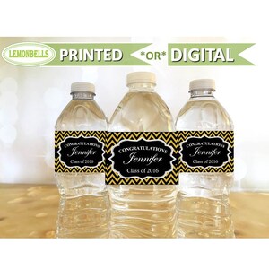 Black and Gold Graduation Water Bottle Labels, Gold Graduation Decoration, Class of 2018, College Graduation Water Bottle, LemonBells, GW19