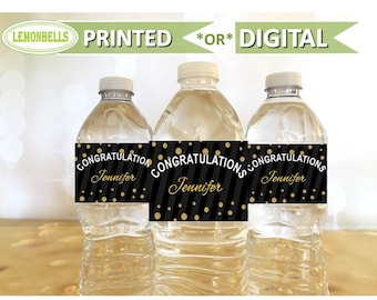 Black and Gold Graduation Water Bottle Labels, Gold Graduation Decoration, Class of 2018, College Graduation Water Bottle, LemonBells, GW16