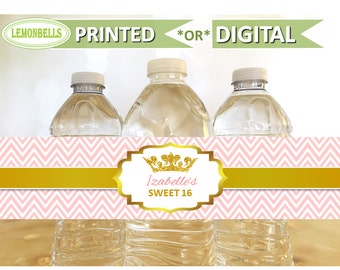 Sweet 16 Water Bottle Labels, Quinceanera Water Bottle Labels, Princess Party Water Bottle, Pink and Gold Water Bottle, LemonBells WP12