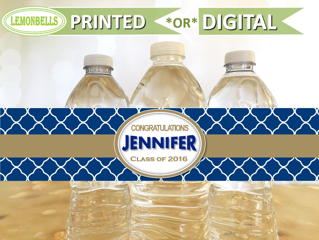 Blue and Gold Graduation Water Bottle Labels, Royal Blue Graduation Decoration, Class of 2018, College Graduation Water Bottle, GW03