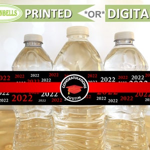 Red Graduation Water Bottle Labels, Red and Black Graduation Decor, Class of 2022, College Graduation Water Bottle, LemonBells, GW23