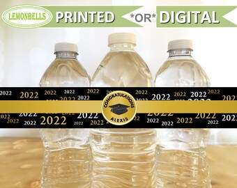 Black and Gold Graduation Water Bottle Labels, Gold Graduation Decoration, Class of 2022, College Graduation Water Bottle, LemonBells, GW22