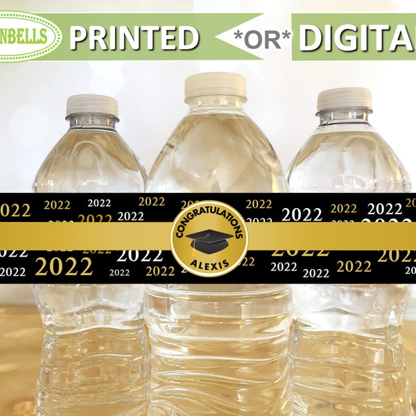 Étiquettes de bouteilles d’eau de graduation noires et dorées, décoration de graduation en or, classe de 2022, bouteille d’eau de fin d’études collégiales, LemonBells, GW22