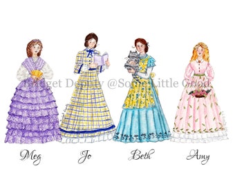 The March Sisters, Little Women Art Print, Watercolor Book Illustration