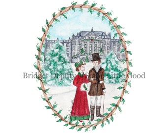 Christmas at Pemberley, Jane Austen Watercolor Illustration, Pride and Prejudice, Mr Darcy, Book Lover gift, Literary Art Print