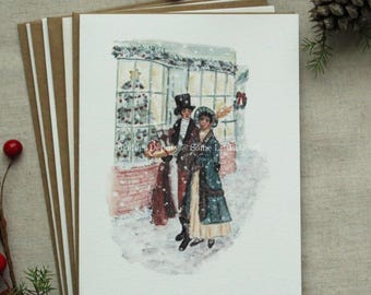 Holiday Shoppers SET of Christmas Cards, Pride and Prejudice Greeting Cards, Jane Austen Watercolor Cards