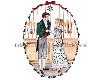 May include: A watercolor painting of a couple dancing in a room decorated for Christmas. The man is wearing a green jacket and the woman is wearing a white dress with a green and red holly pattern. The room is decorated with a garland of holly and mistletoe, and there is a chandelier with candles.