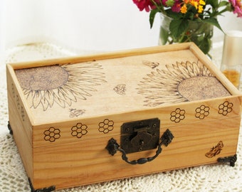 Sunflower and Bees Jewelry Box, Large Woodburned Box with Mirror, Earring Ring Necklace Bracelet Organizer, Wood Bumblebee Storage Box