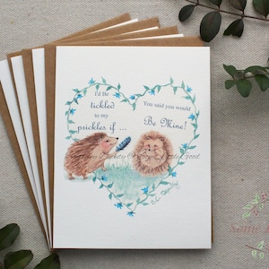 Tickled to My Prickles - SET of 4, 6 or 8 Hedgehog Valentine&#39;s Day Cards, Anniversary Cards, Watercolor Hedgehog Cards, I Love You Cards